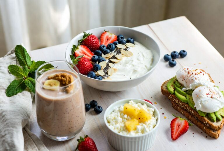 Photorealistic high protein breakfast spread with Greek yogurt bowl, avocado egg toast, protein smoothie and cottage cheese on a wooden table