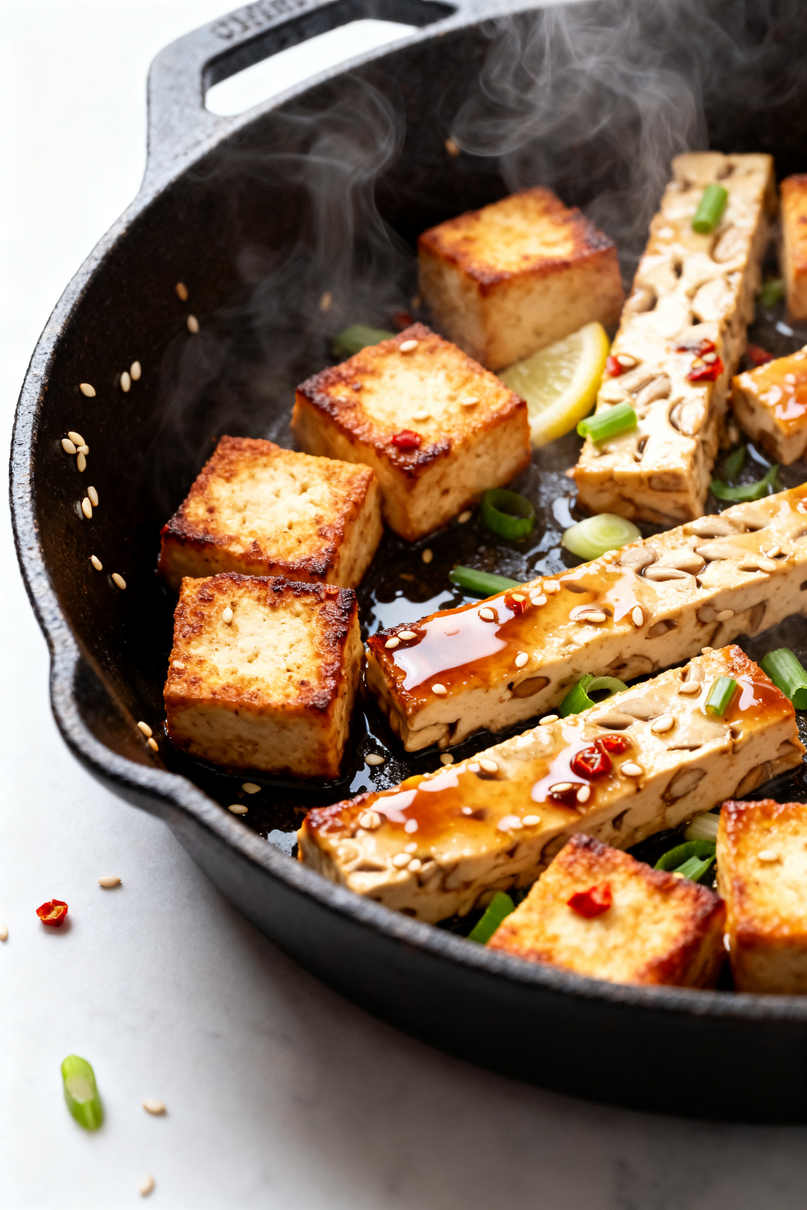 Close-up detail: Golden pan-seared tofu cubes and tempeh strips in a cast-iron skillet, lacquered wi