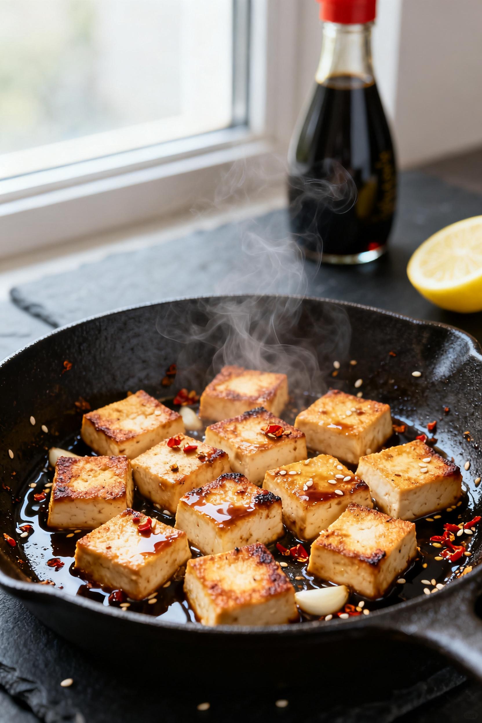Close-up detail: Golden pan-seared tofu cubes marinated in soy sauce, garlic, and a splash of vinega