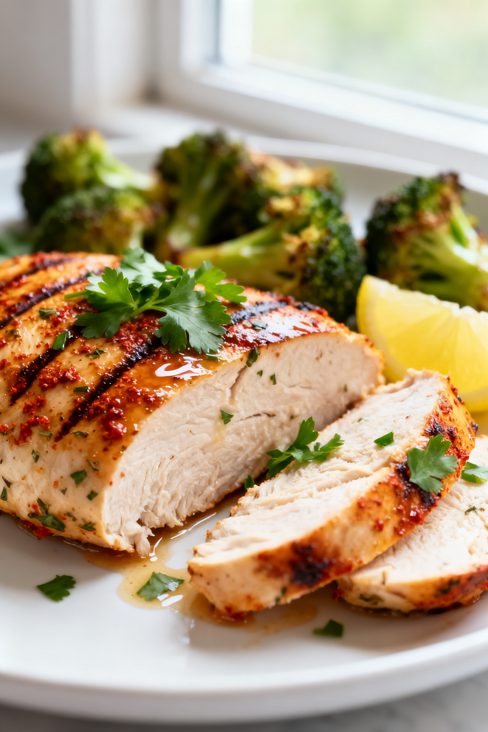 Close-up detail: Sliced baked chicken breast with a paprika-garlic herb rub, glistening juices and l