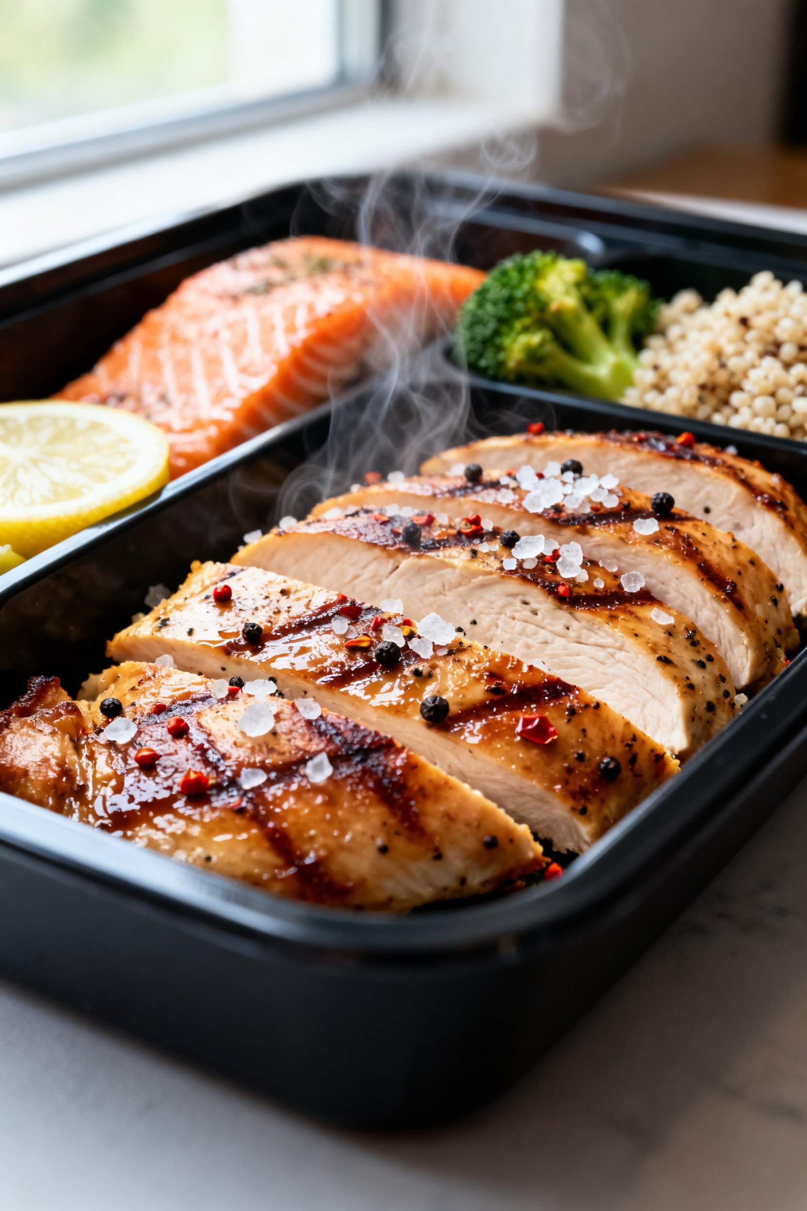 Close-up detail: Sliced, juicy grilled chicken breast meal-prep boxes, steam rising, glistening sear