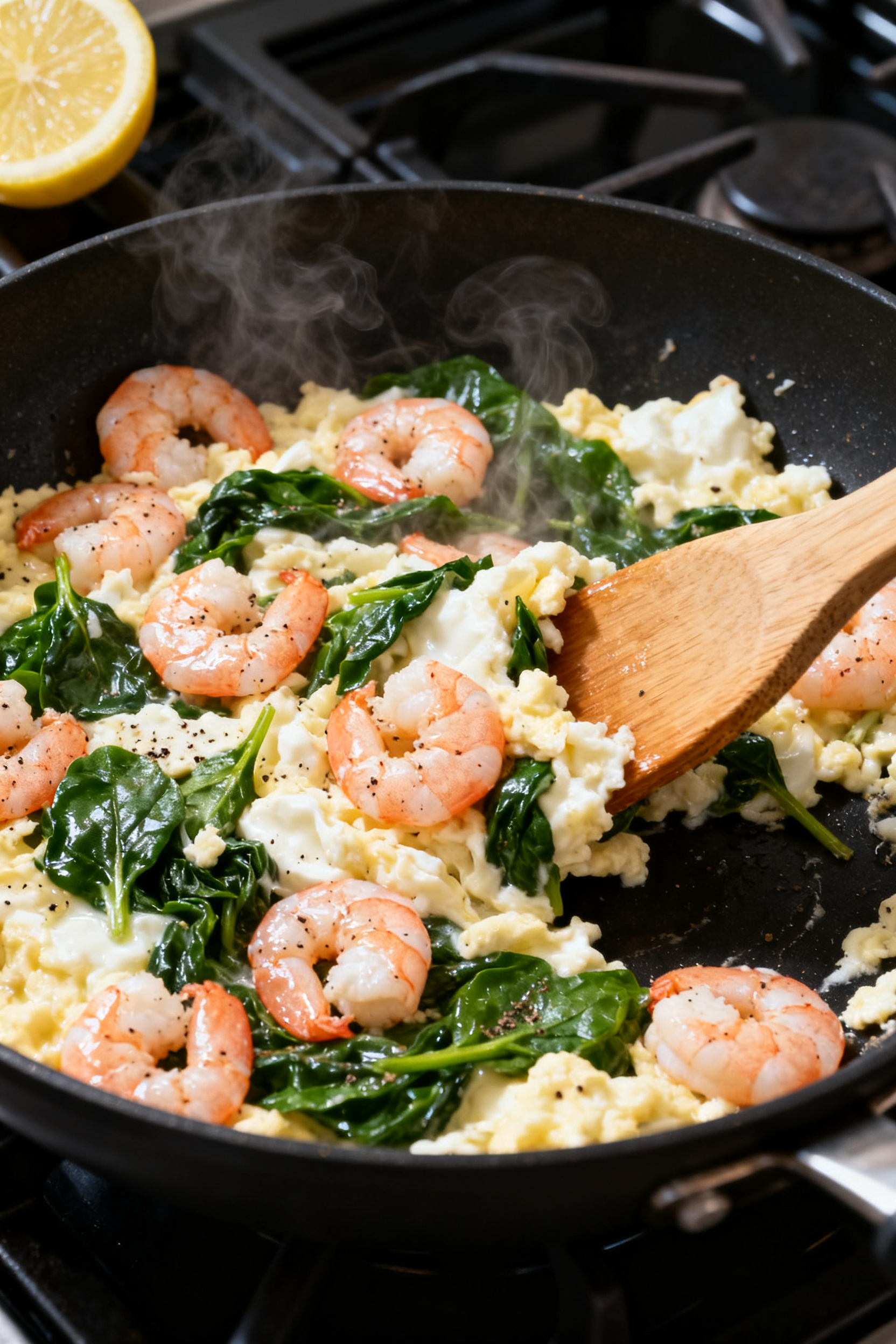 Cooking process: Shrimp and egg-white scramble in a nonstick skillet mid-cook, tender pink shrimp ne