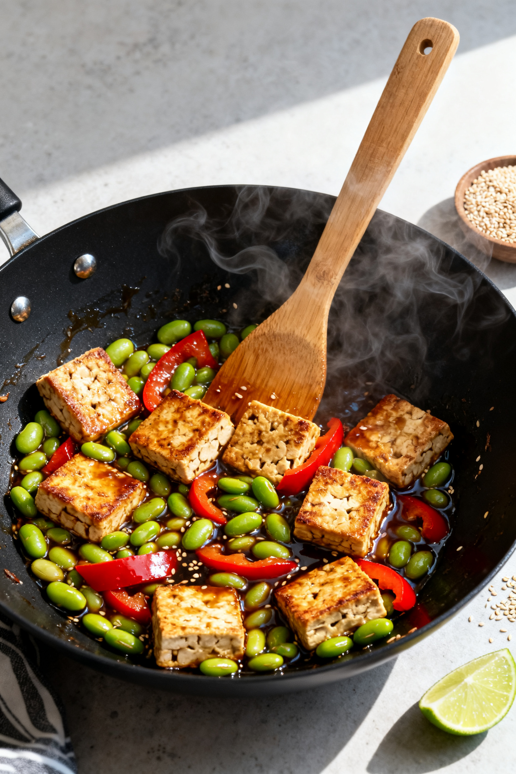 Cooking process: Tempeh and lentil veggie stir-fry in a matte black wok, tempeh cubes searing with g
