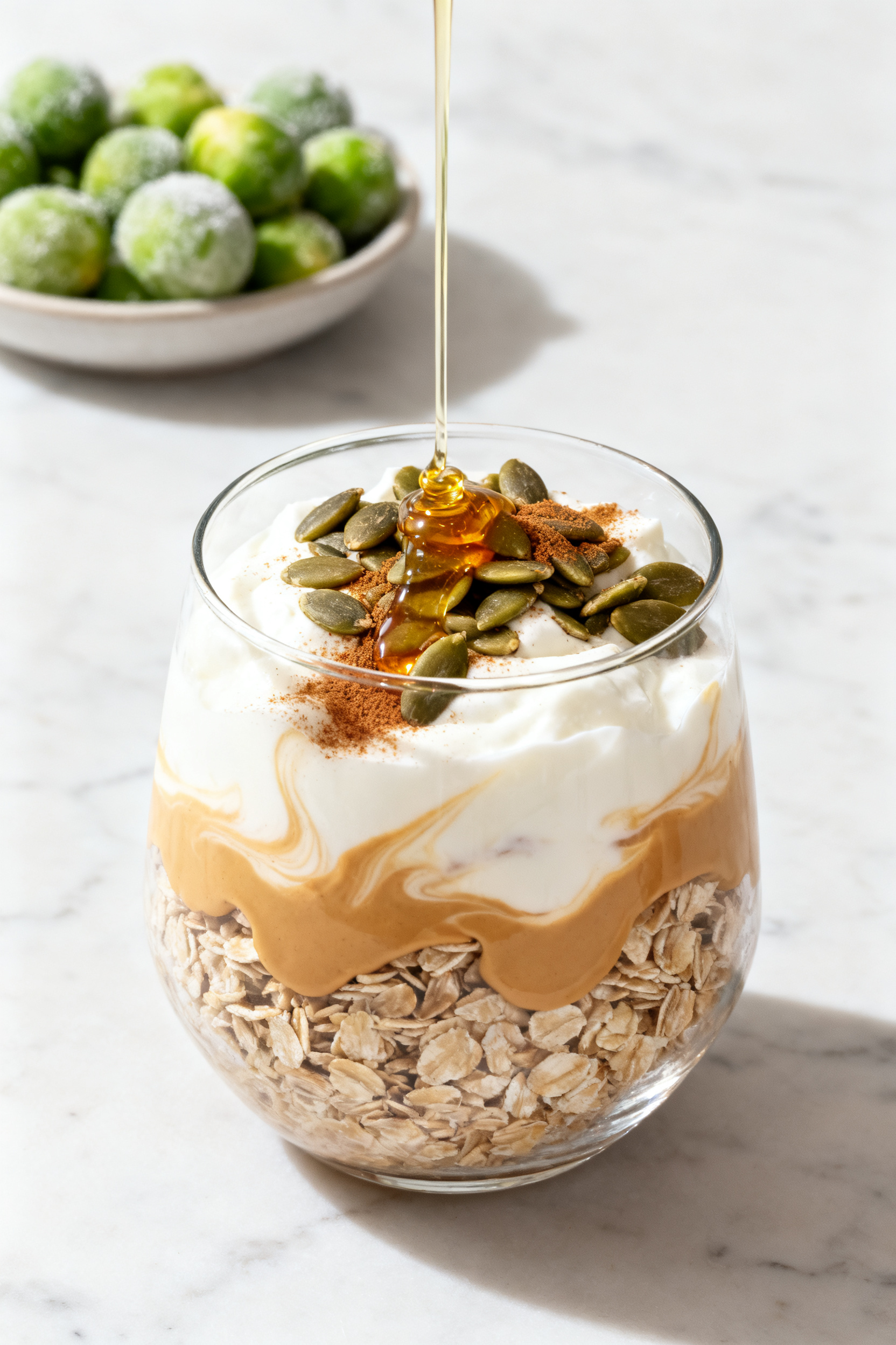 Final dish presentation: Greek yogurt and oats breakfast parfait layered in a clear glass—thick pl