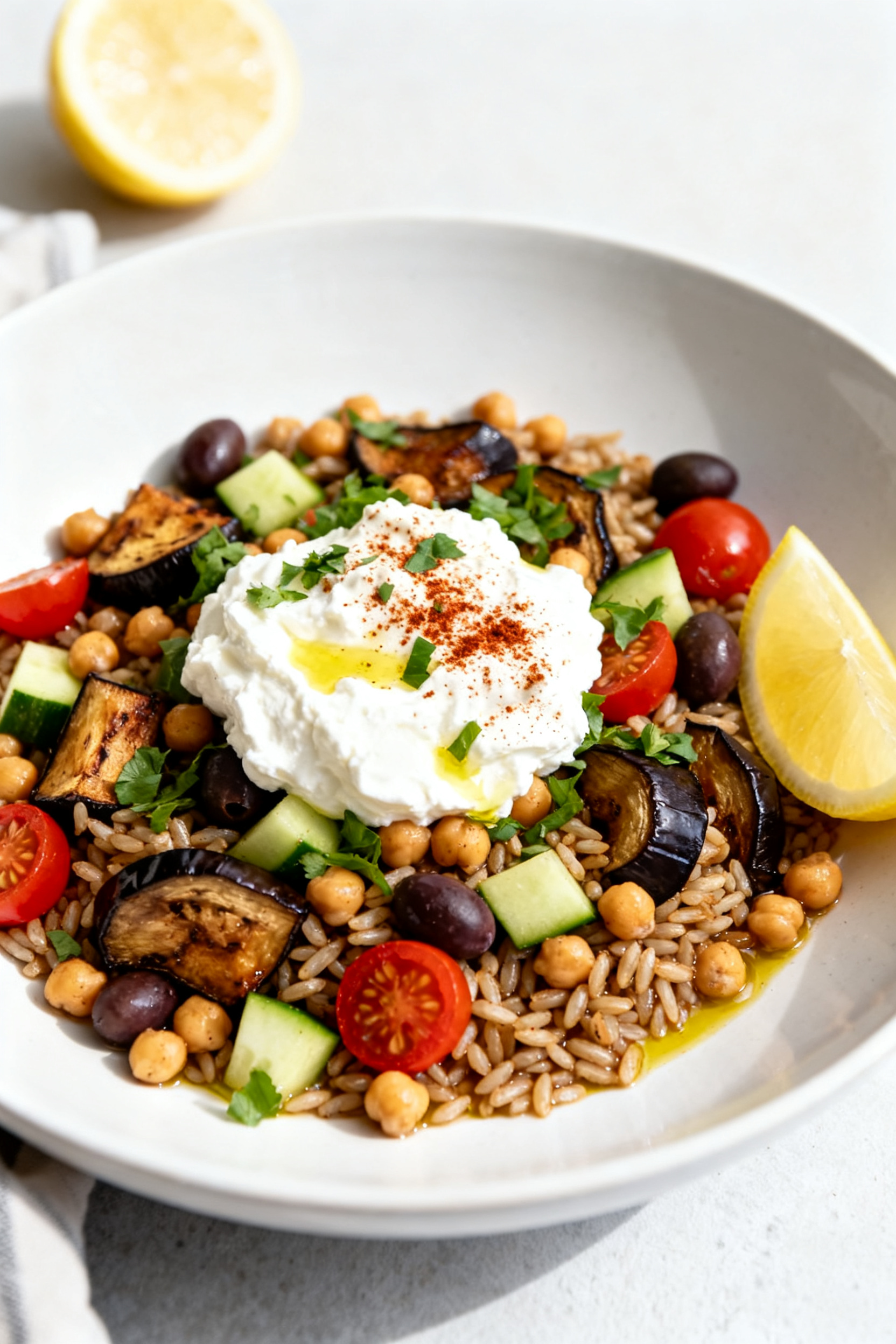 Final dish presentation: Mediterranean high-protein plate—farro and chickpeas tossed with roasted