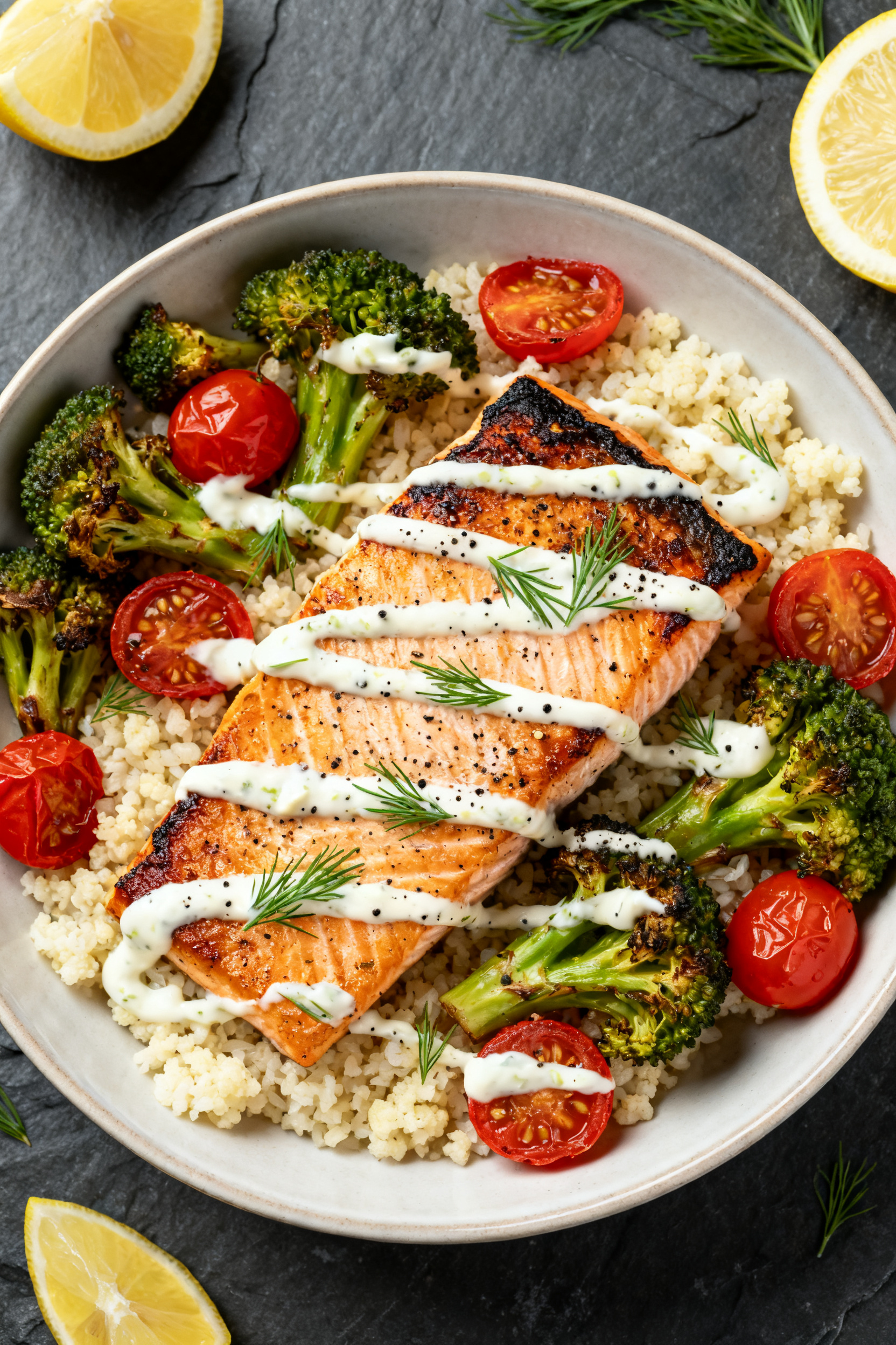 Tasty top view: High-protein salmon dinner bowl—roasted salmon filet with crisped edges over cauli
