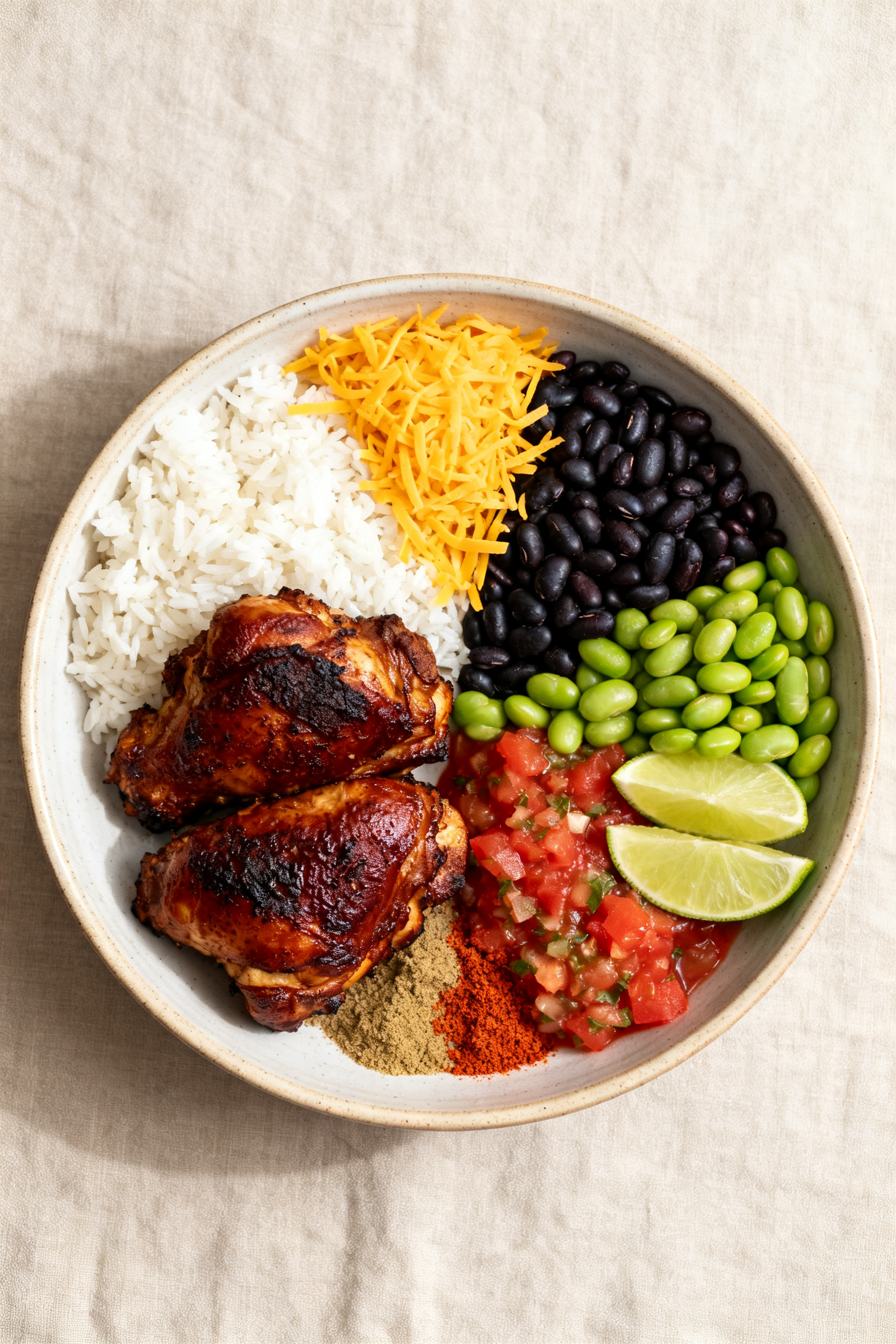 Tasty top view: Overhead shot of a budget-friendly protein bowl—fluffy white rice topped with smok