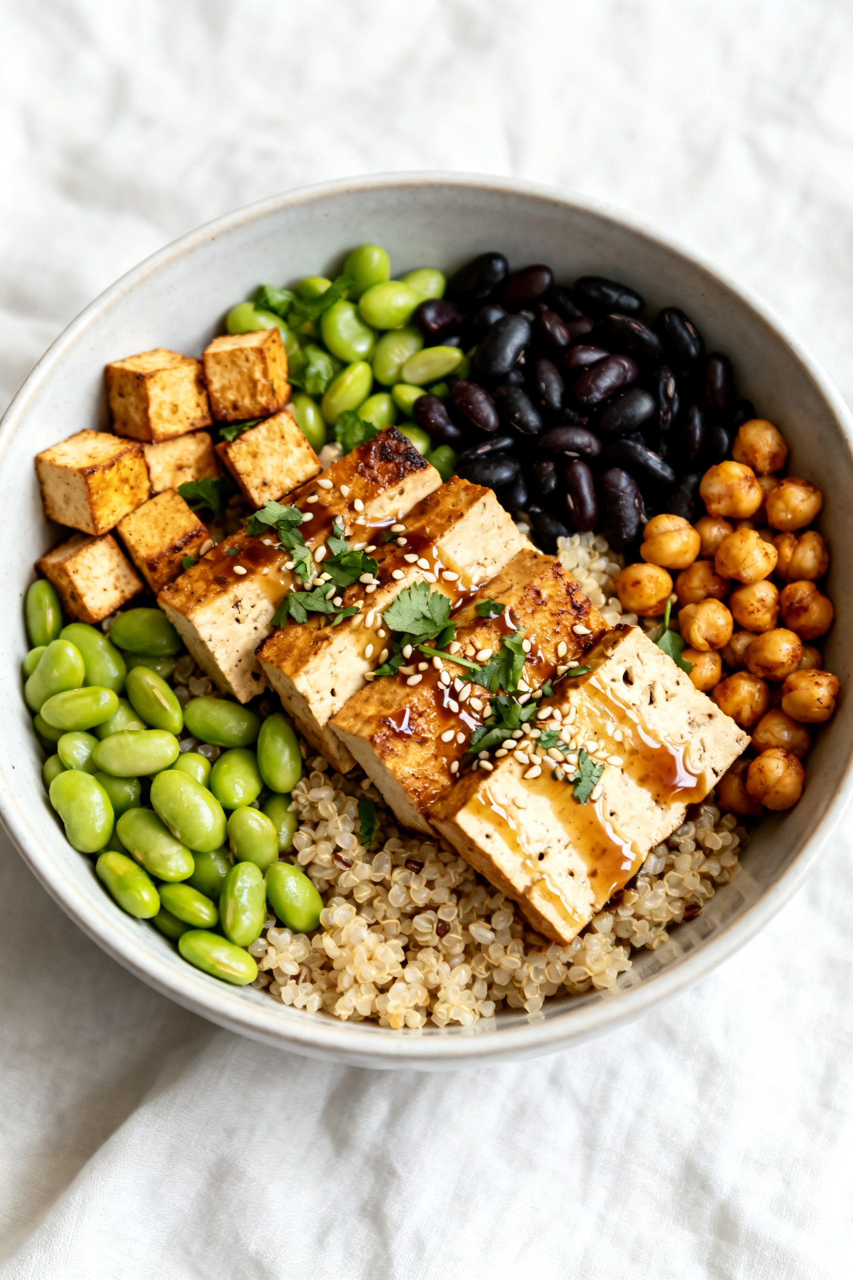 Tasty top view: Overhead shot of a high-protein power bowl showcasing seared tofu cubes and tempeh s