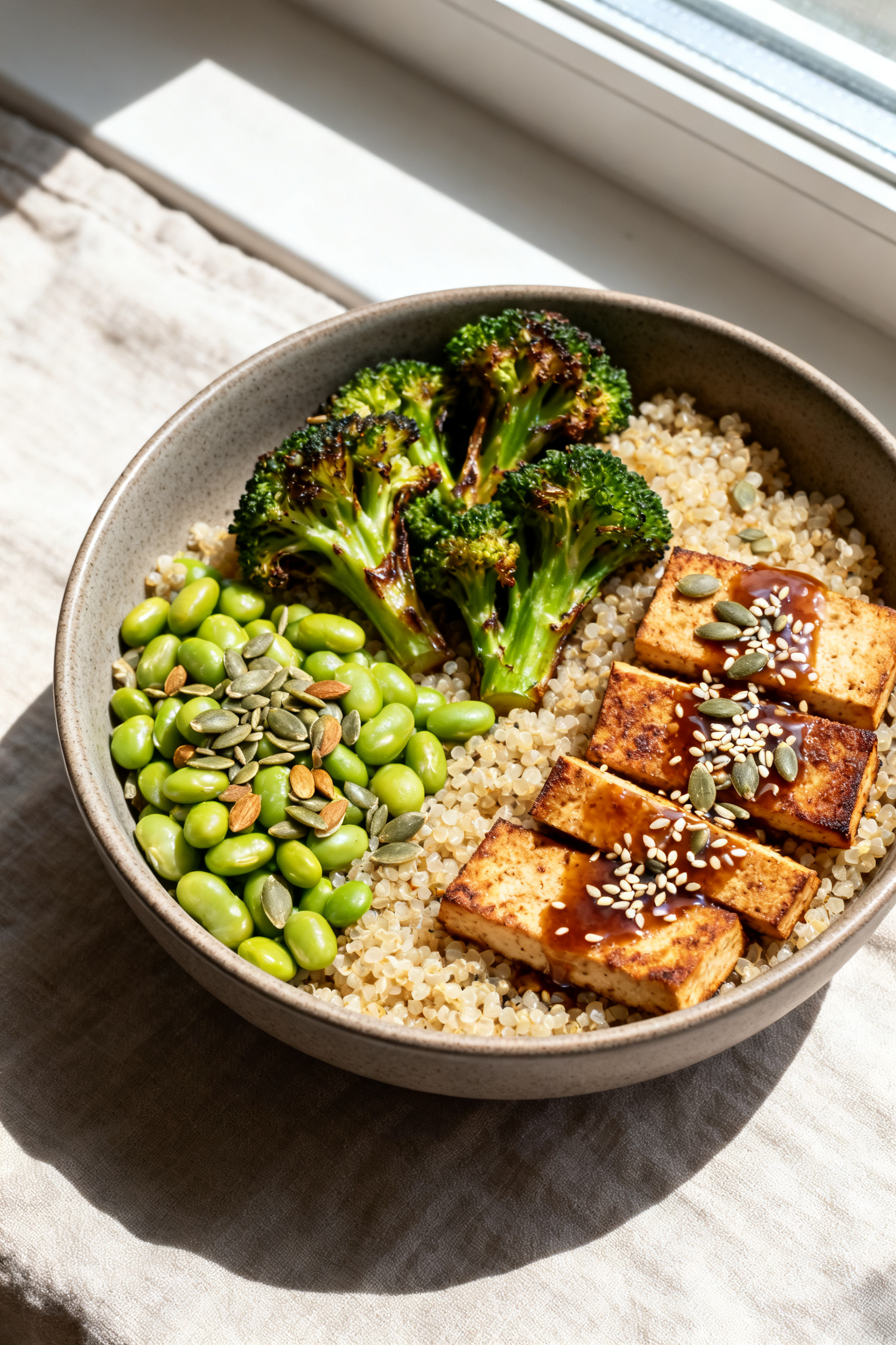 Tasty top view: Protein-packed quinoa bowl—quinoa base topped with roasted broccoli florets, edama